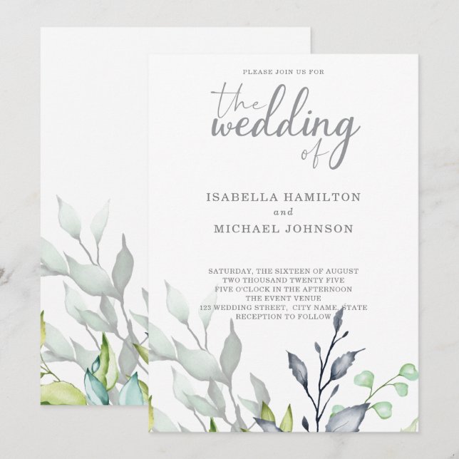 Botanische Hochzeit mit Kalligrafie Einladung (Vorne/Hinten)