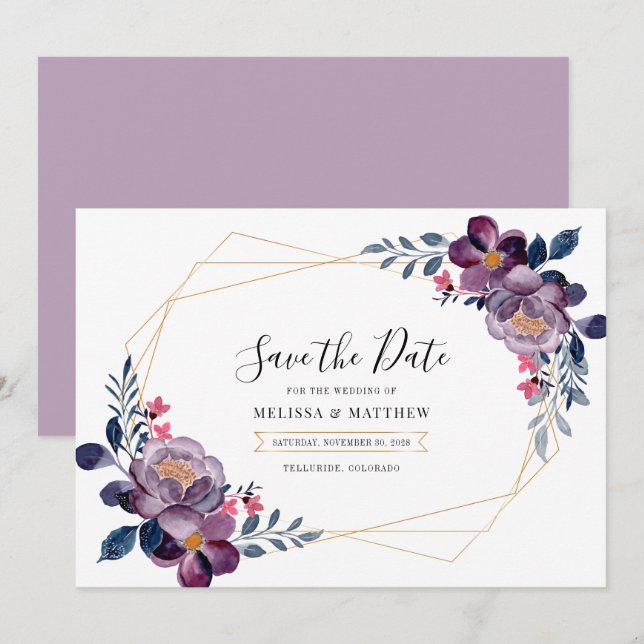 Botanische Hochzeit mit lila floraler Geometrie Save The Date (Vorne/Hinten)