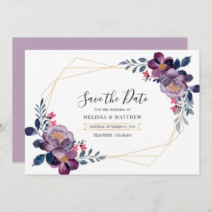 Botanische Hochzeit mit lila floraler Geometrie Save The Date