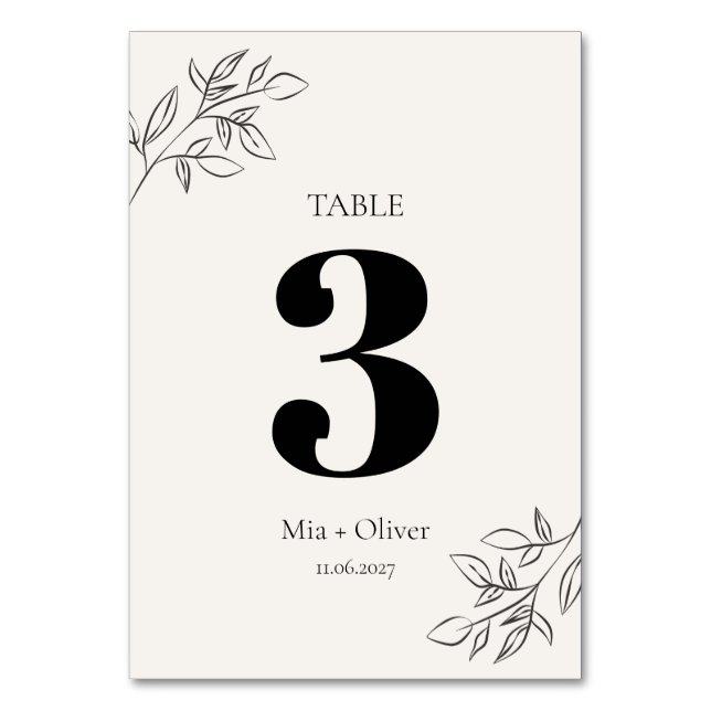 Botanische Hochzeit mit Minimalistischem Schwarz u Tischnummer (Vorderseite)
