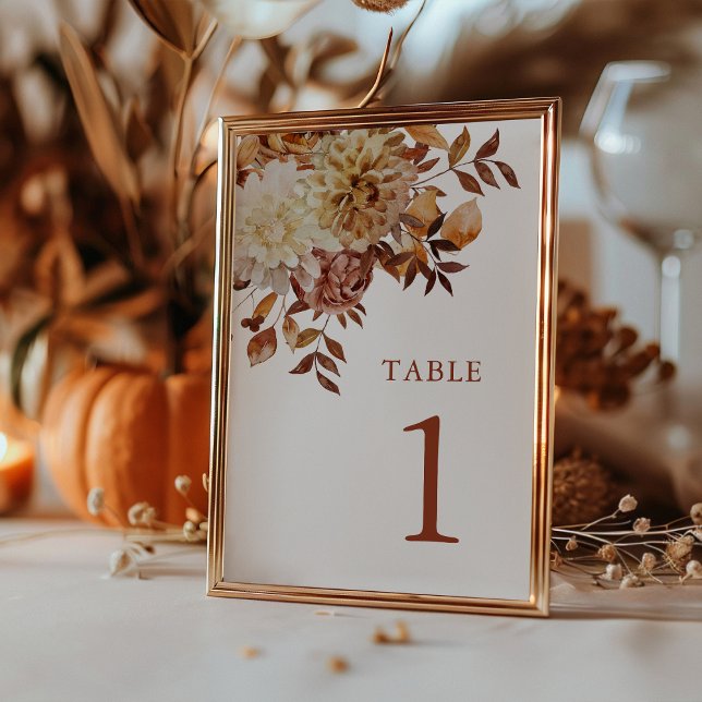 Botanische Hochzeit mit moderner Kupfer Tischnummer (Modern Copper Fall Watercolor Botanical Wedding Table Number by Painted Paperie
)