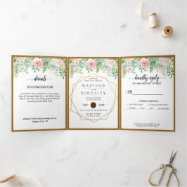 Botanische Hochzeit mit rosa Flora Dreifach Gefaltete Einladung