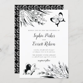 Botanische Hochzeit mit Schwarz-weißem Stift Einladung