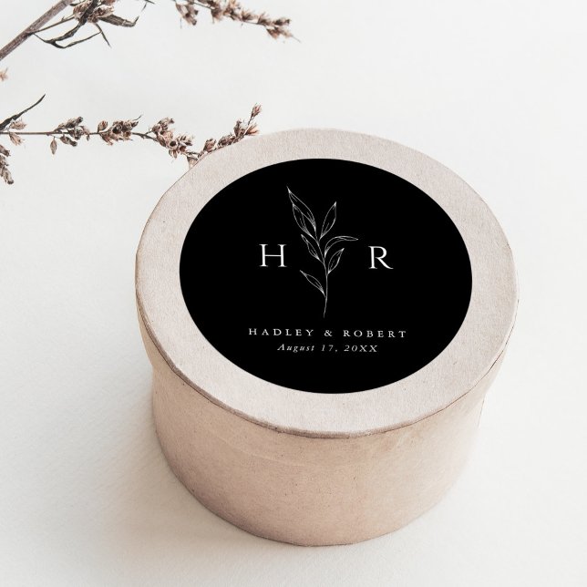 Botanische Hochzeit mit schwarzer Minimal Runder Aufkleber (Von Creator hochgeladen)