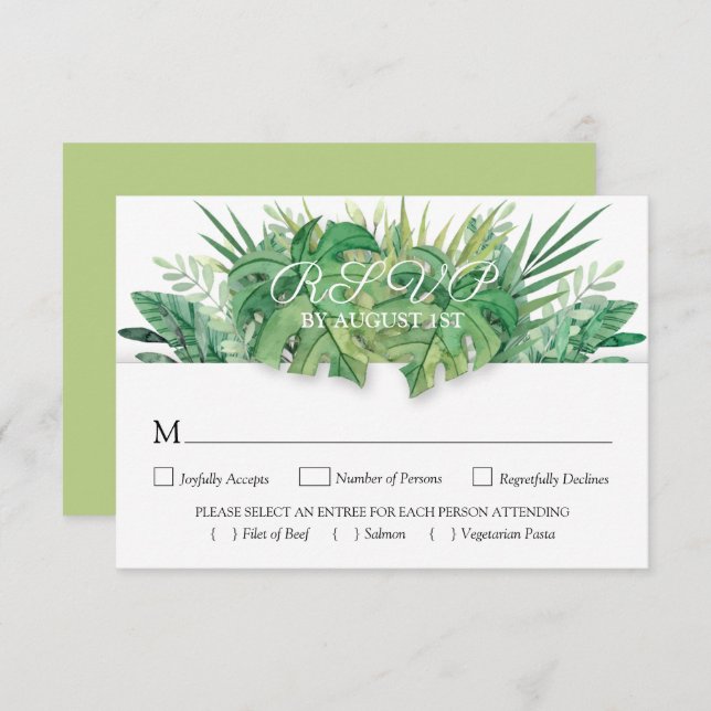 Botanische Hochzeit mit tropischen Pflanzen und Bl RSVP Karte (Vorne/Hinten)