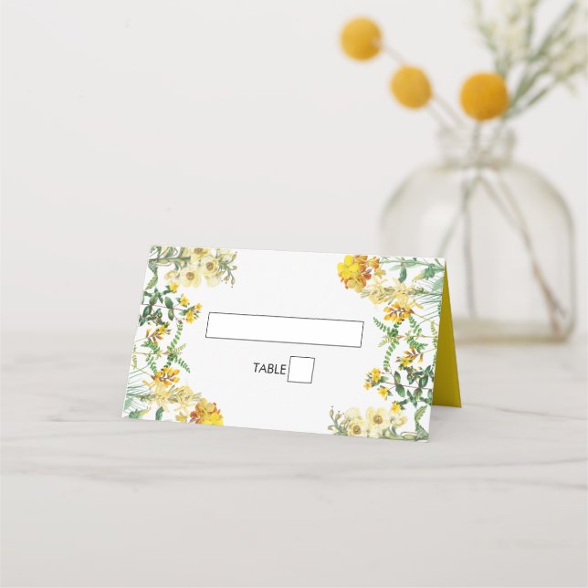 Botanische Hochzeit mit Vintagem Gelbwasser Platzkarte (Vorderseite)