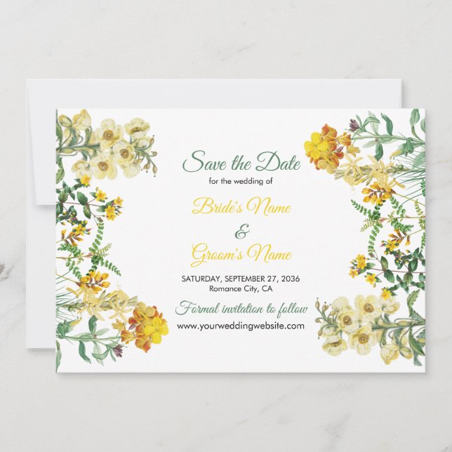 Botanische Hochzeit mit Vintagem Gelbwasser Save The Date (Vorderseite)