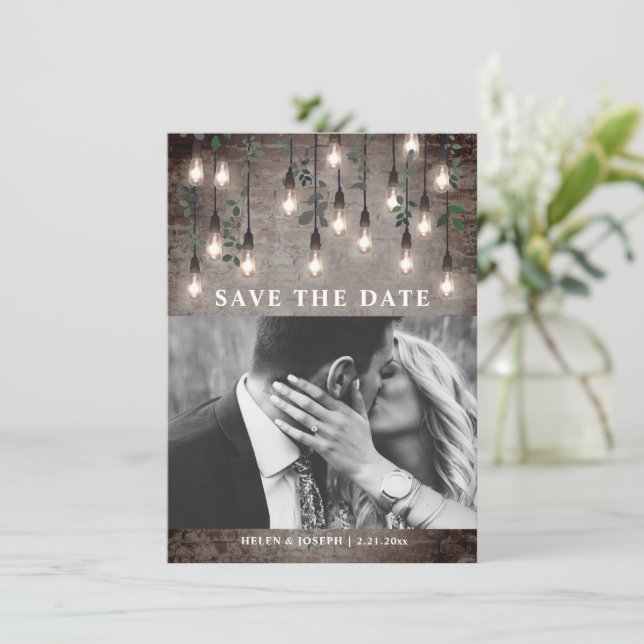 Botanische Hochzeit mit Vintagen Lichtern Save The Date (Stehend Vorderseite)
