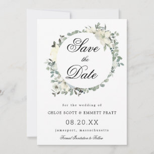 Botanische Hochzeit mit weißer Blüte Save The Date