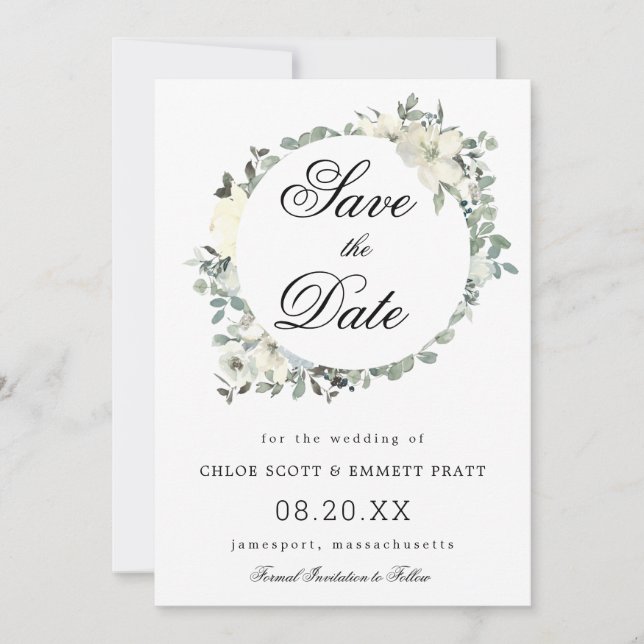 Botanische Hochzeit mit weißer Blüte Save The Date (Vorderseite)