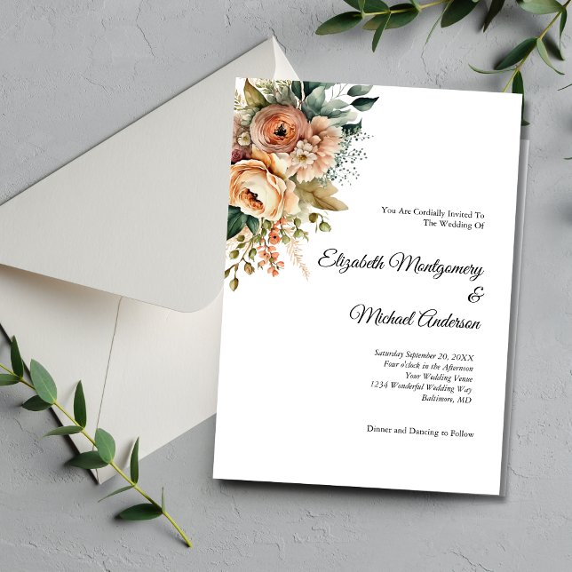 Botanische Hochzeit Peach floral Watercolor Einladung (Peach Floral Flowers Greenery Botanical Watercolor Modern Elegant Wedding Invitation)