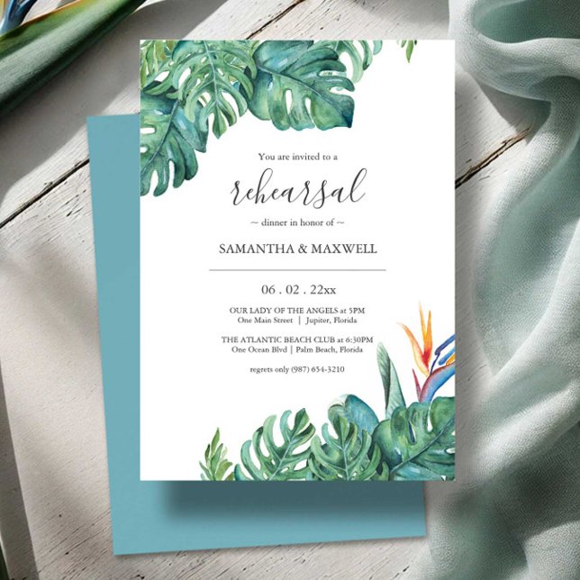 Botanische Hochzeit-Probe-Abendessen Einladung (Tropical rehearsal dinner invitations watercolor palm leaf and flower art by Victoria Grigaliunas)