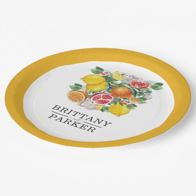 Botanische Hochzeit von Citrus Wreath Pappteller (Schrägansicht)