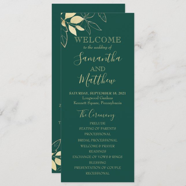 Botanische Hochzeit von Emerald Green & Gold Folia Programm (Vorne/Hinten)