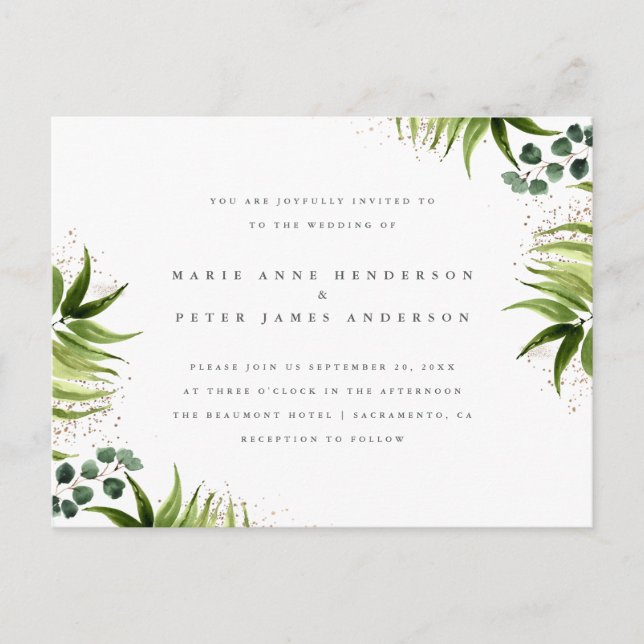 Botanische Hochzeit von Gold Dust & Tropical Green Einladungspostkarte (Vorderseite)