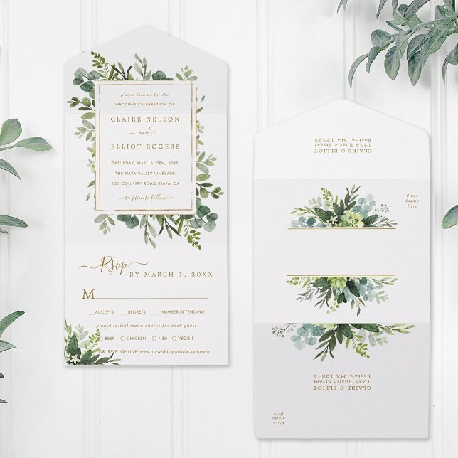 Botanische Hochzeit von Goldgrün All In One Einladung (Front & Back)