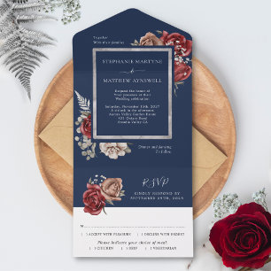 Botanische Hochzeit von Navy Blue Burgundy Bloom R All In One Einladung