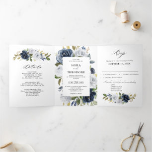 Botanische Hochzeit von Navy Blue Dusty Dreifach Gefaltete Ankündigung