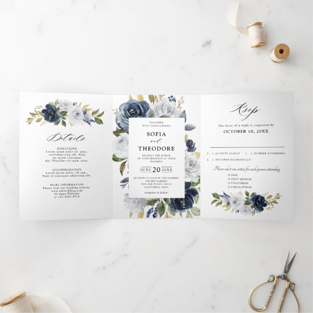 Botanische Hochzeit von Navy Blue Dusty Dreifach Gefaltete Ankündigung (Innenseite)