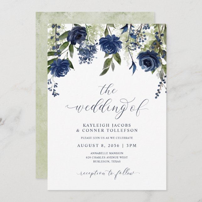 Botanische Hochzeit von Navy Blue Wildblumen Einladung (Vorne/Hinten)