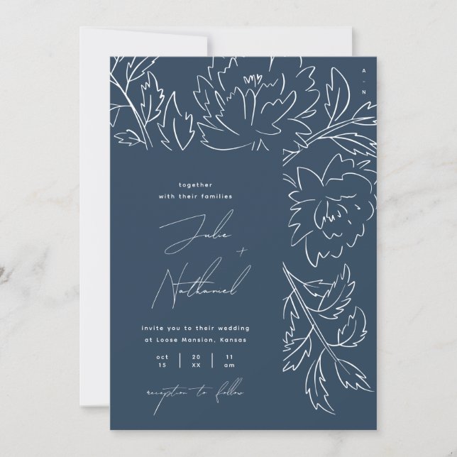 Botanische Hochzeit von Navy Blue Winter Einladung (Vorderseite)