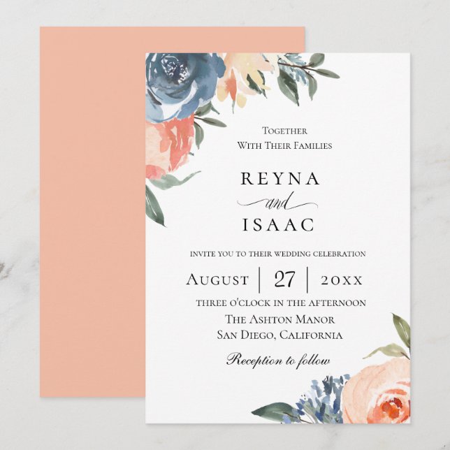 Botanische Hochzeit von Slate Blue Peach Einladung (Vorne/Hinten)