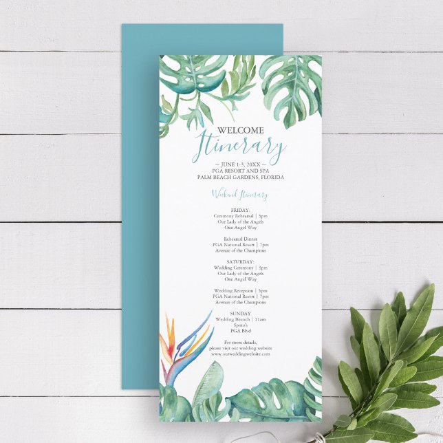 Botanische Hochzeitreise mit dem Wasser (wedding itinerary template tropical watercolor bird of paradise and palm leaves Victoria Grigaliunas)
