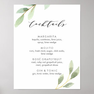 Botanische Hochzeitscocktail-Menü Schild