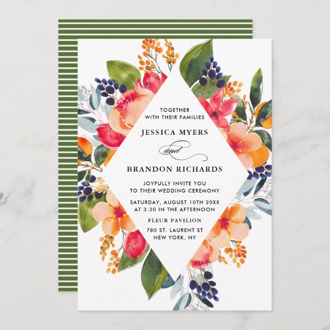 Botanische Hochzeitseinladung in Wasserfarben Oran Einladung (Vorne/Hinten)