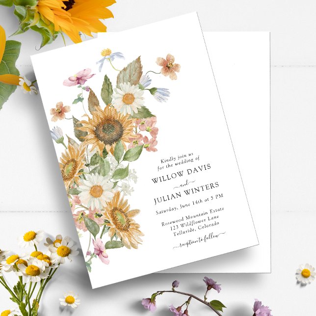 Botanische Hochzeitseinladung zur Sonnenblume Einladung (Elegant Sunflower Wildflower Botanical Wedding Invitation by Painted Paperie
)