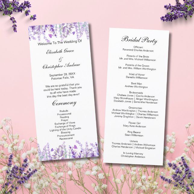 Botanische Hochzeitskarte für Lavendel Menükarte (Lavender Botanical Floral Watercolor Wedding Program Card- Front and Back)