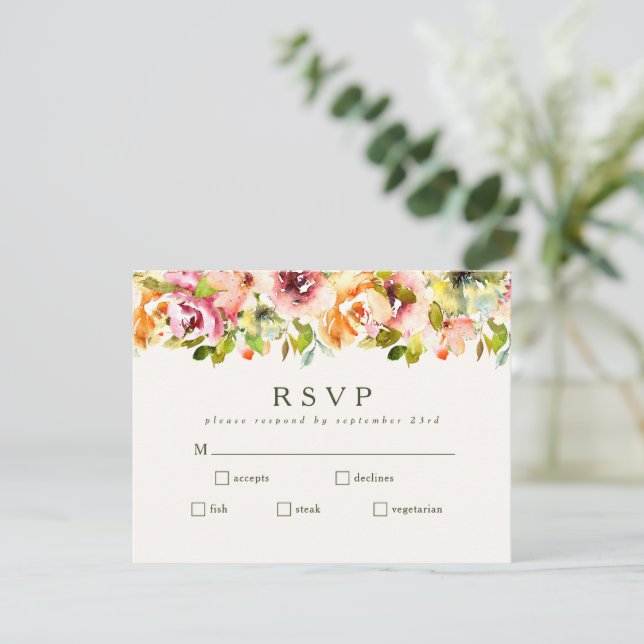 Botanische Hochzeitsmahlzeit aus Burgund RSVP Karte (Stehend Vorderseite)
