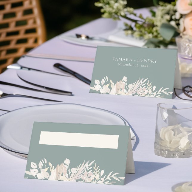 Botanische Hochzeitssage Grün Personalisiert Platzkarte (Sage Green Elegant Wedding Reception Place Cards - Foliage Duet wedding collection)