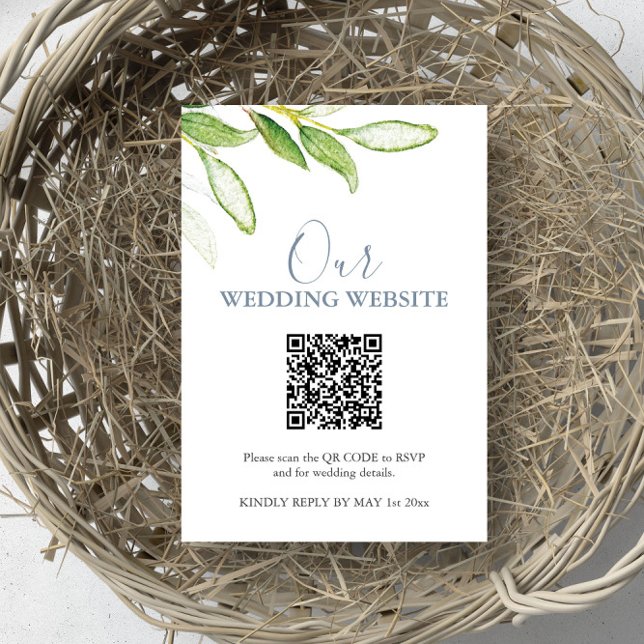 Botanische Hochzeitsseite RSVP-Karte mit QR-Code Einladung (rsvp card wedding website QR code watercolor greenery art by Victoria Grigaliunas of Do Tell A Belle)