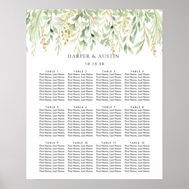 Botanische Hochzeitstabelle für Grünfolien Poster (Vorne)