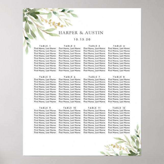Botanische Hochzeitstabelle für Grünfolien Poster (Vorne)