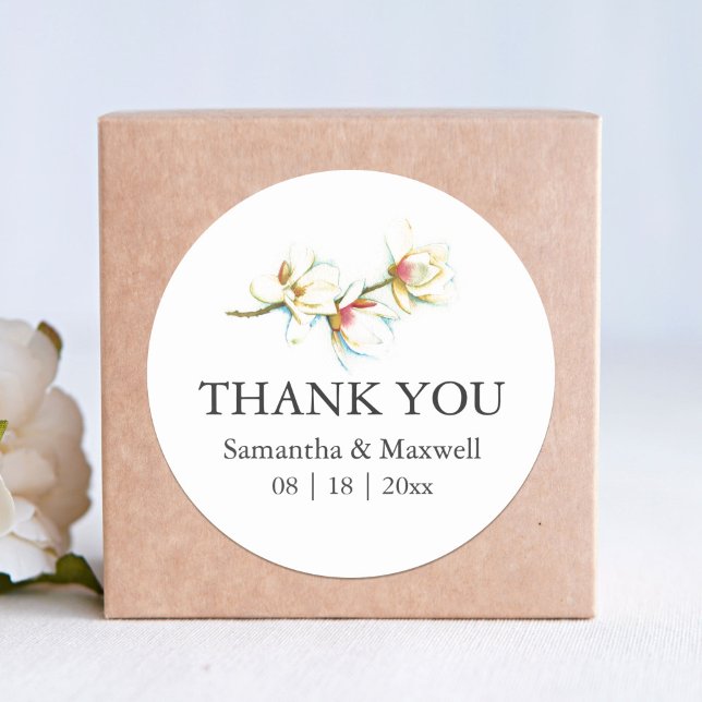 Botanische Hochzeitsticker Vielen Dank Runder Aufkleber (White floral favor stickers simple watercolor art by Victoria Grigaliunas Do Tell A Belle)
