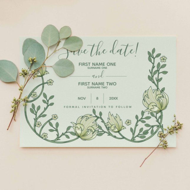 Botanische Jugendstil-hübsche Schrift Save The Date (Pretty art nouveau save the date, green flowers vines on a light background.)