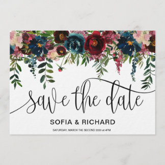 Botanische Kalligraphie der Burgundy Navy Einladung