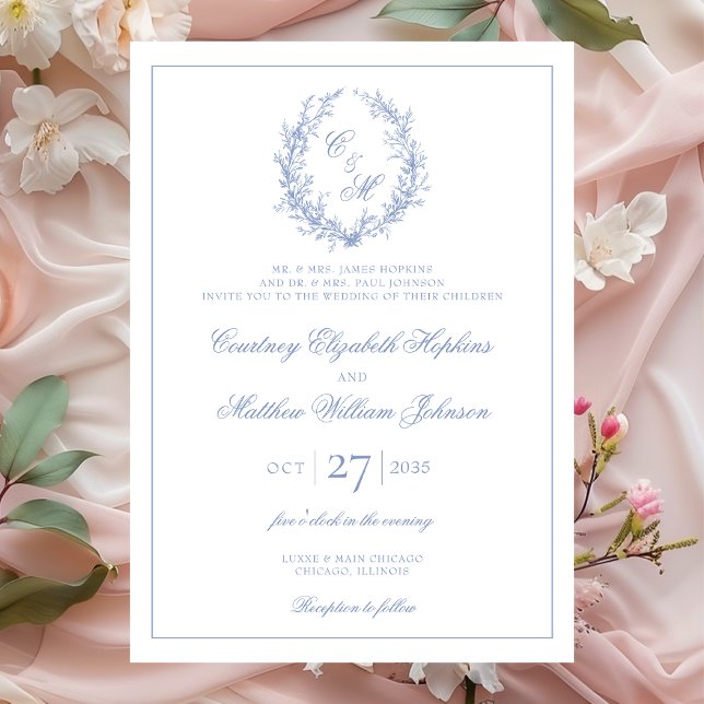 Botanische Keilhochzeit mit Dusty Blue Monogram Einladung (Von Creator hochgeladen)