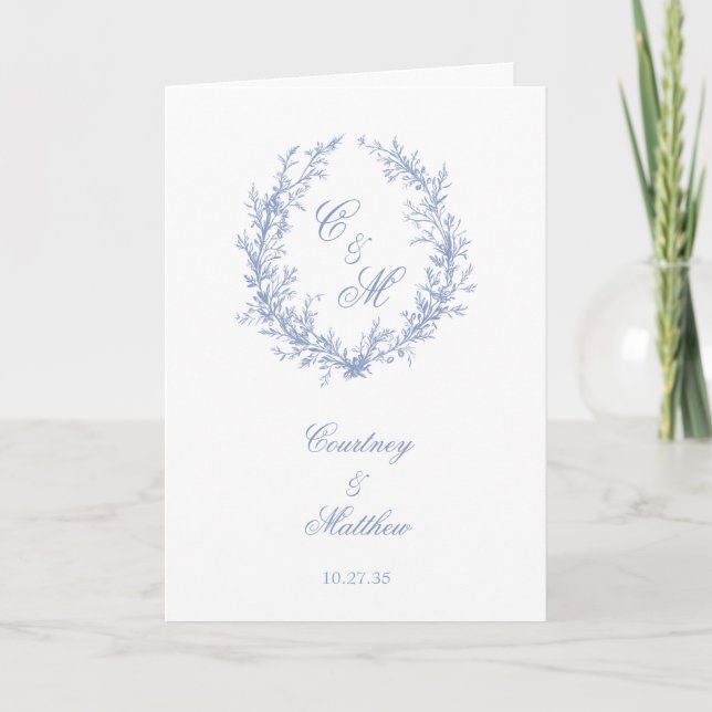 Botanische Keilhochzeit mit Dusty Blue Monogram Programm (Vorderseite)