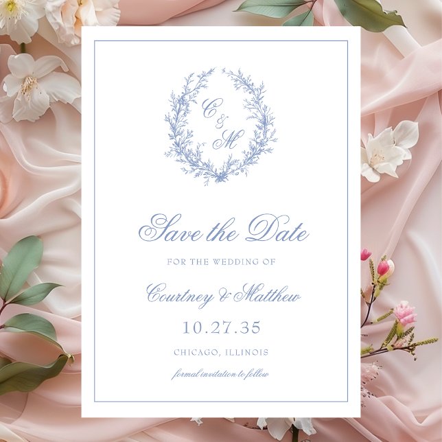 Botanische Keilhochzeit mit Dusty Blue Monogram Save The Date (Von Creator hochgeladen)