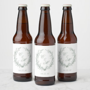 Botanische Keilhochzeit von Sage Green Monogram Bierflaschenetikett