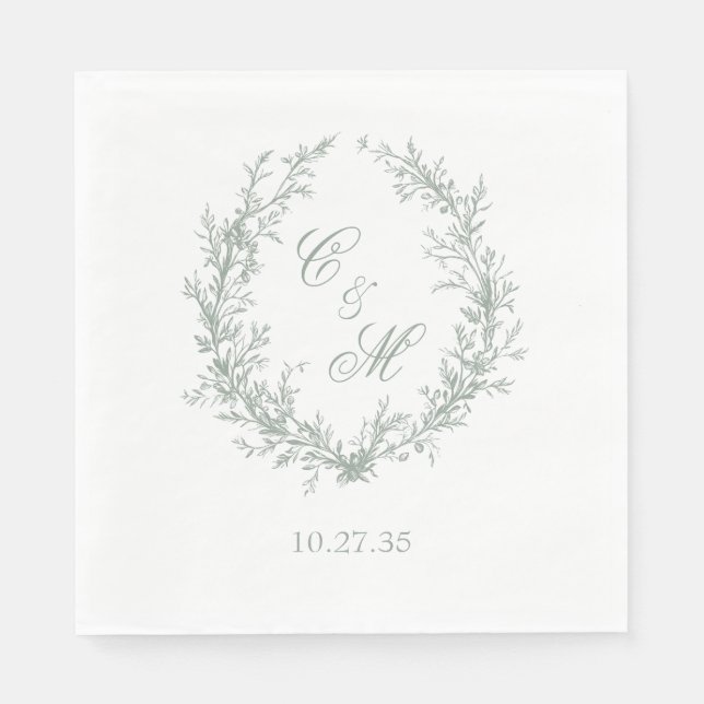 Botanische Keilhochzeit von Sage Green Monogram Serviette (Vorderseite)
