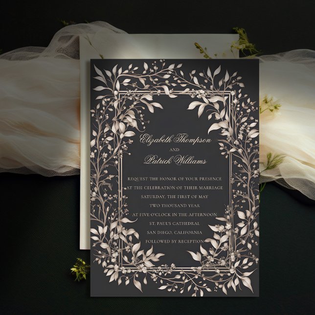 Botanische klassische Moody Forest-Hochzeit Einladung (moody forest wedding invitation botanical frame black white vintage elegant classic traditional)