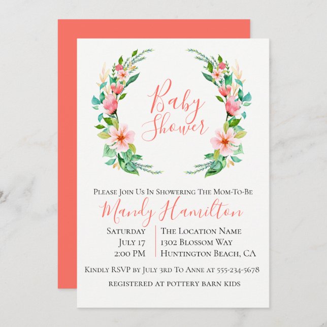 Botanische Koralleninsel Wreath Baby Dusche Einladung (Vorne/Hinten)