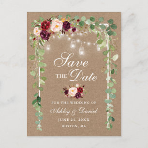 Botanische Kraft Burgundy Floral Save the Date Ankündigungspostkarte