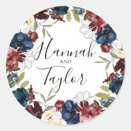 Botanische Kranzhochzeit der Burgundy Navy Runder Aufkleber