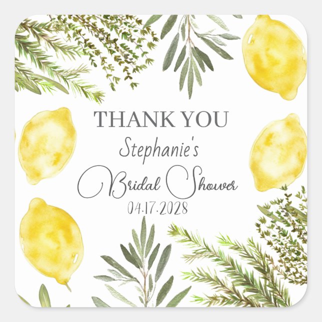 Botanische Kräuter Zitronen Wasserfarbenes Brautpa Quadratischer Aufkleber (Vorderseite)