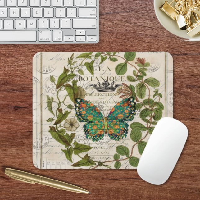 Botanische Kunst - französischer Landskriptschmett Mousepad (botanical art french country script leaf butterfly mouse pad)